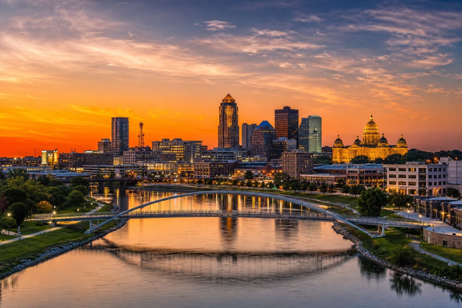 Des Moines, Iowa skyline with the gold-domed State Capitol and downtown towers along the Des Moines River — primary service area for All Seasons HVAC